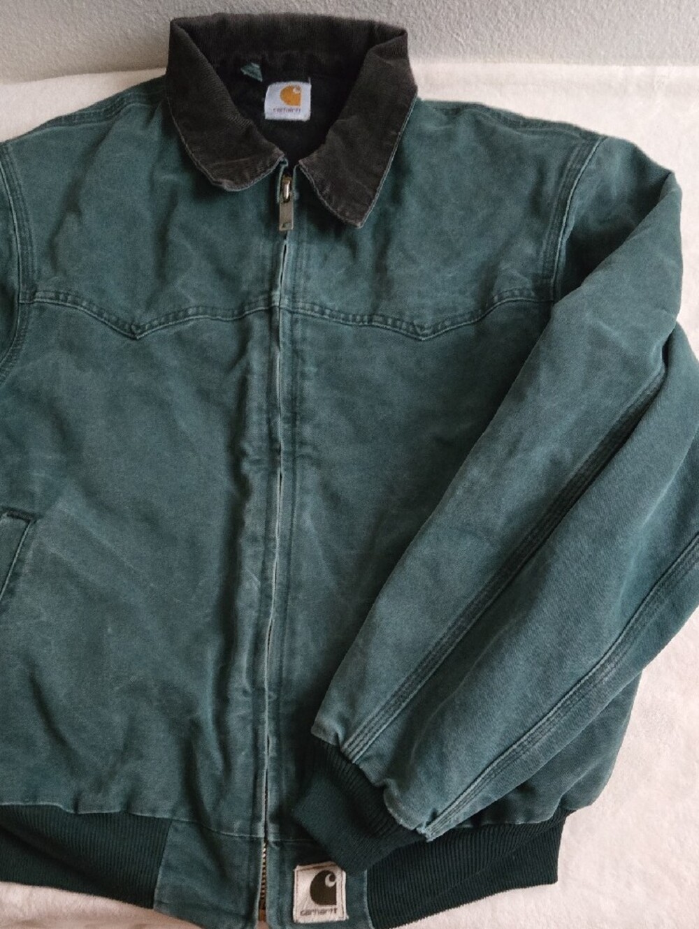 VTG Carhartt Men's Green Santa Fe Canvas Jacket with Dark Brown Corduroy Collar - Picture 9 of 16